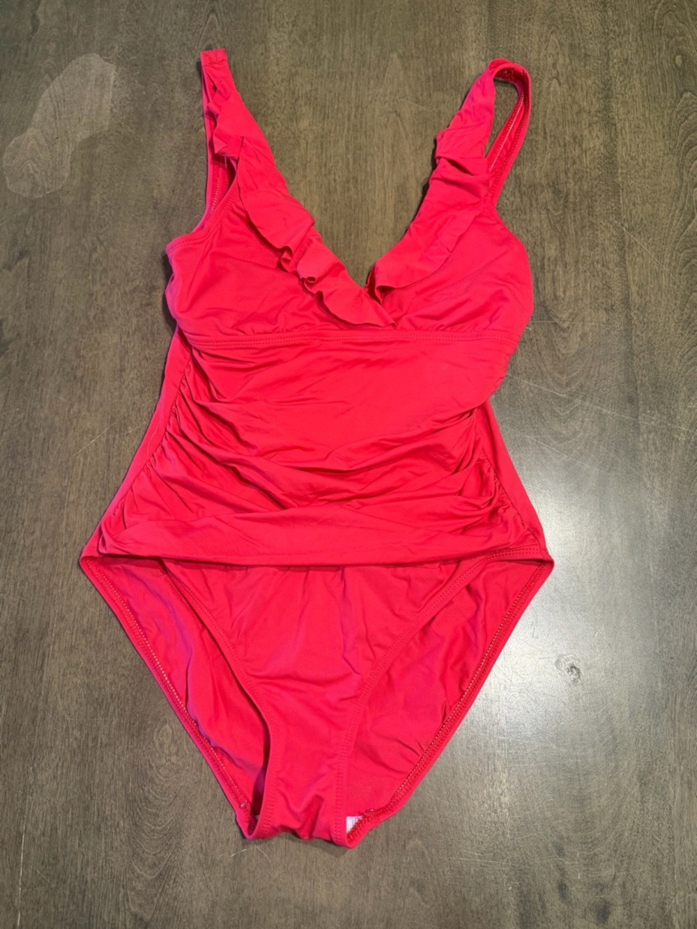 Ruffled V-Neck One-Piece Swimsuit - Red chaps size12